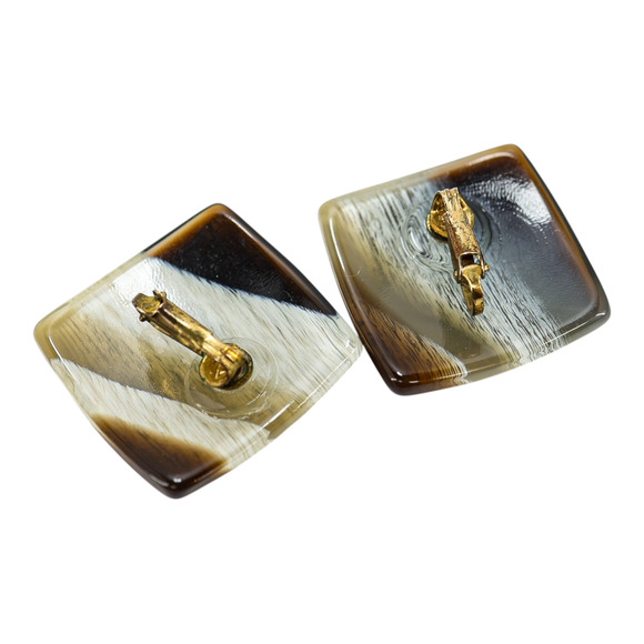 Faux Horn Square Lucite Clip On Earrings High Gloss MCM Style - Picture 5 of 7